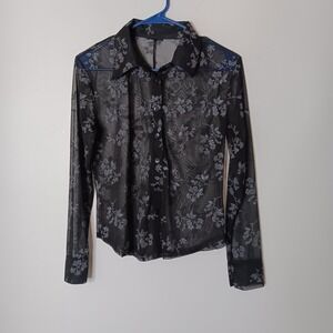 VTG Y2K Anxiety Cafe Sheer Top Size M Black Floral Glitter Sparkle Whimsygoth